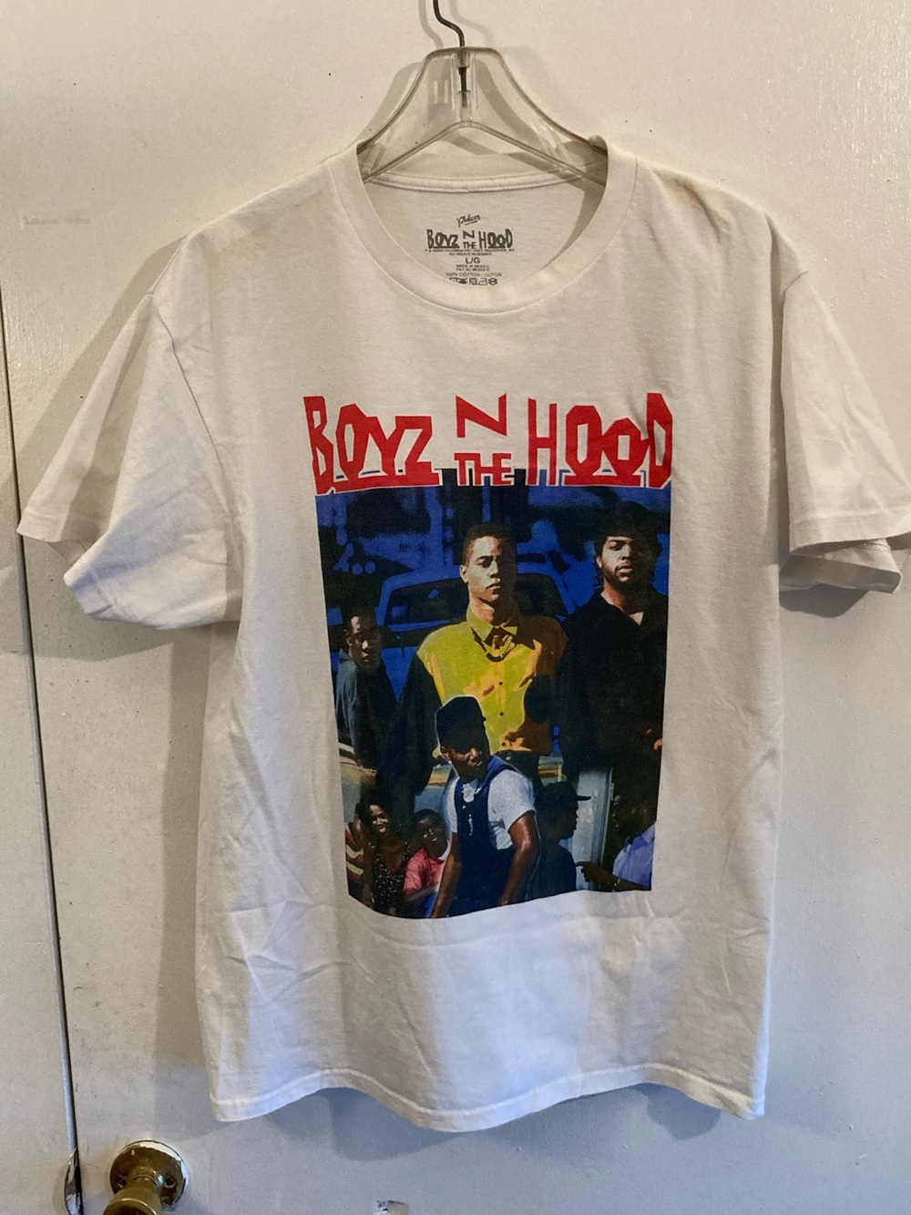 Boyz N The Hood Graphic Tee - White with Red & Blue Print